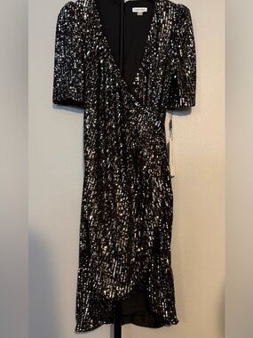 Calvin Klein Black Sequin High-Low Wrap Dress